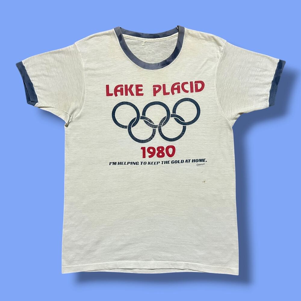 Vintage Lake Placid Ringer Shirt 1980 Olympics Sun Faded Distressed Paper Thin